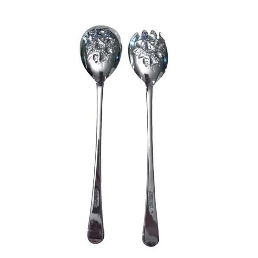 Vintage Sheffield England Embossed‎ Silver Plate Salad Serving Fork & Spoon 9.5